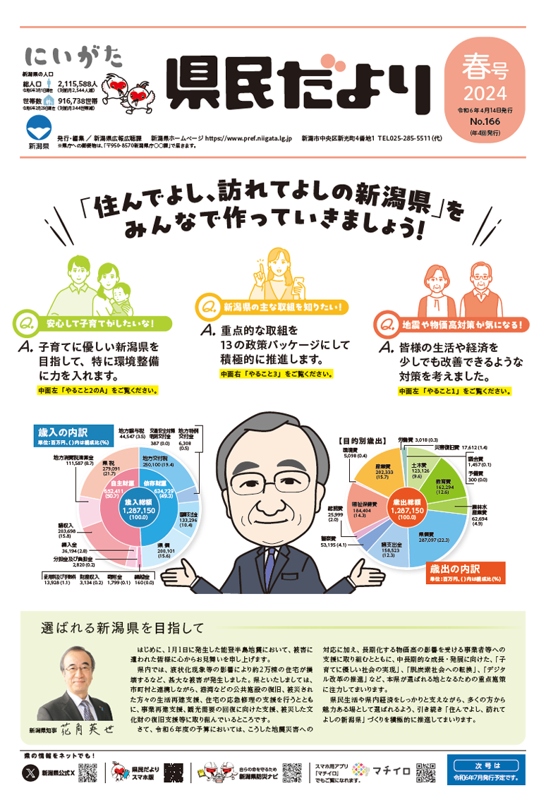 県民だより 春号 No.166 特集　令和６年度当初予算特集「住んでよし、訪れてよしの新潟県」に向けて